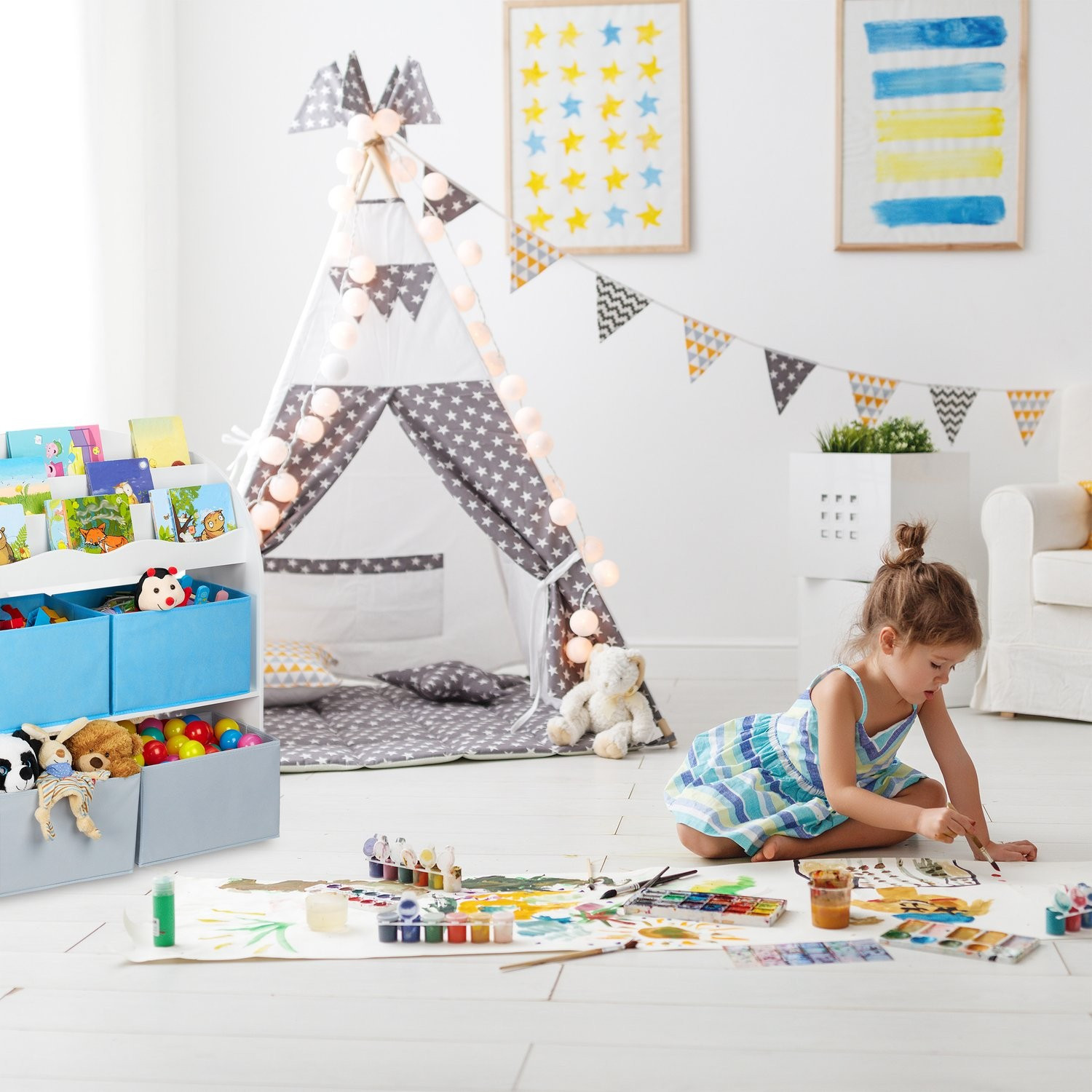 Kinderregal mit 4 Stoffschubladen