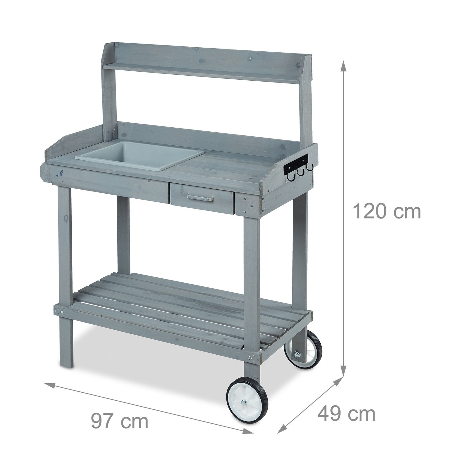 Mesa de plantio cinza com rodas