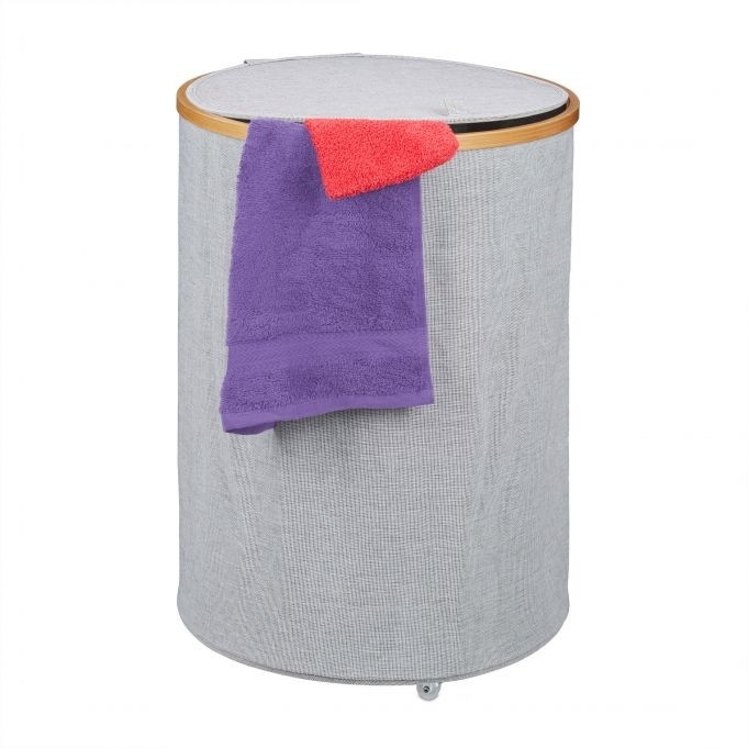 Cesto de roupa redondo em tecido e bambu