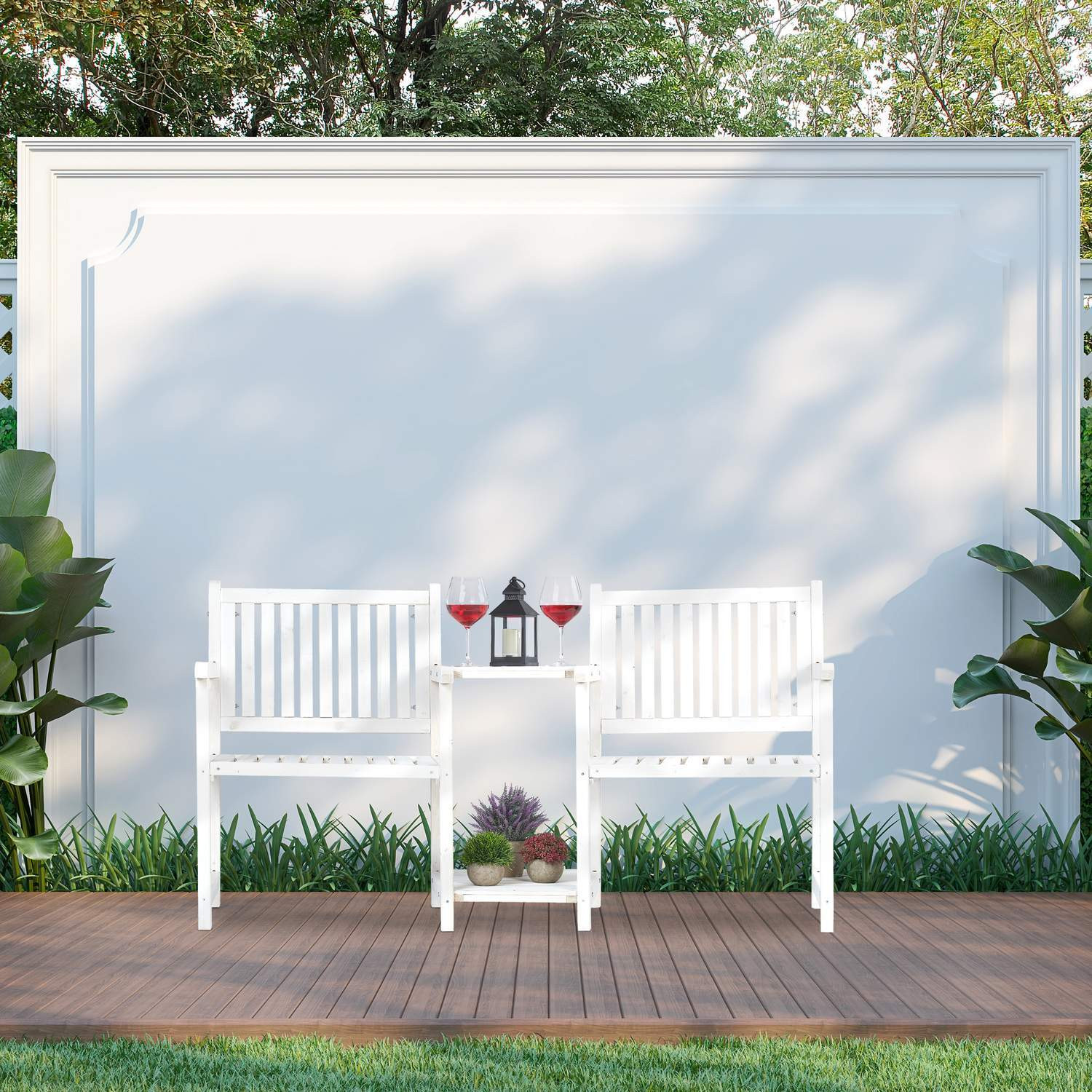 Banco de jardim branco com mesa