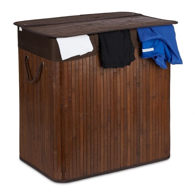 Cesto de roupa suja em bambu com 3 compartimentos