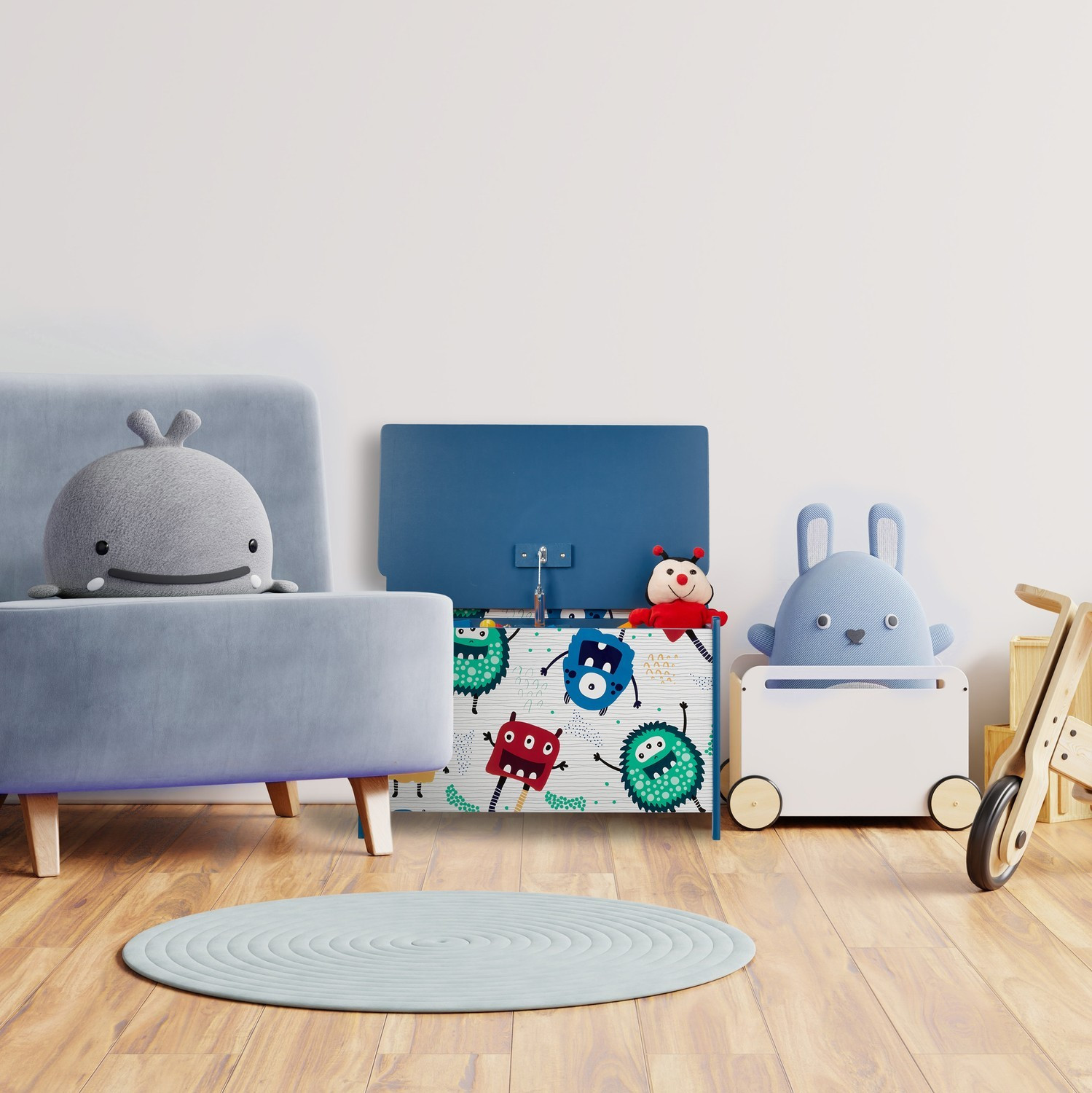 Caixa de brinquedos com monstros