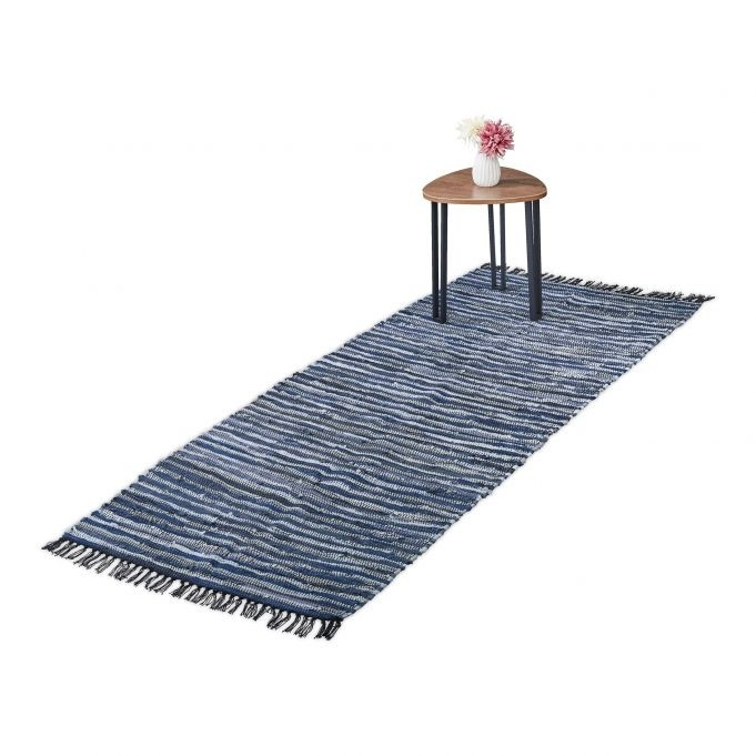 Tappeto di stracci in pelle e cotone a righe