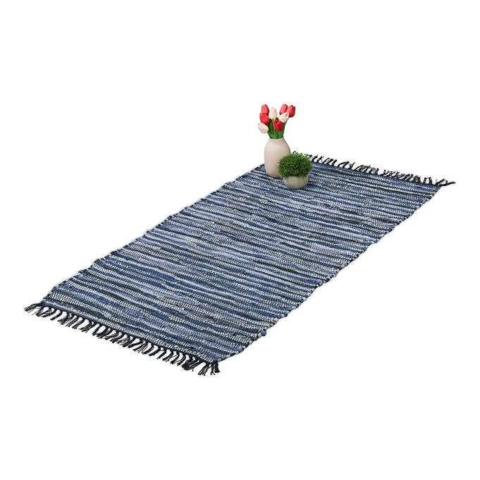 Tappeto di stracci in pelle e cotone a righe