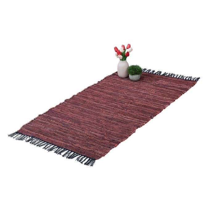 Tappeto di stracci in pelle e cotone a righe