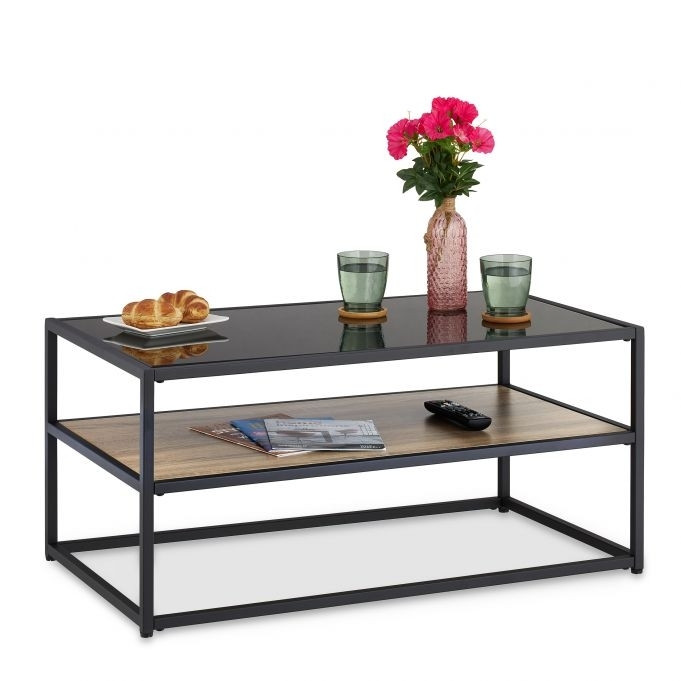 Mesa de centro preta com tampo de vidro