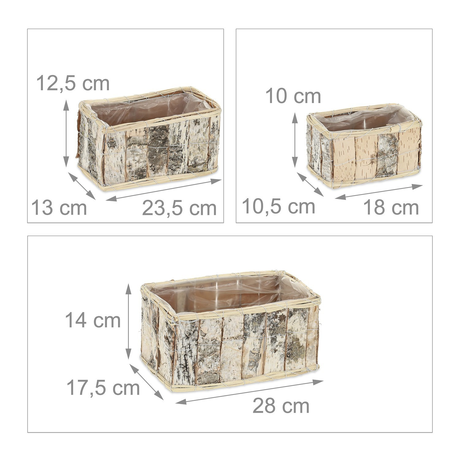 Maceta rectangular de abedul, juego de 3