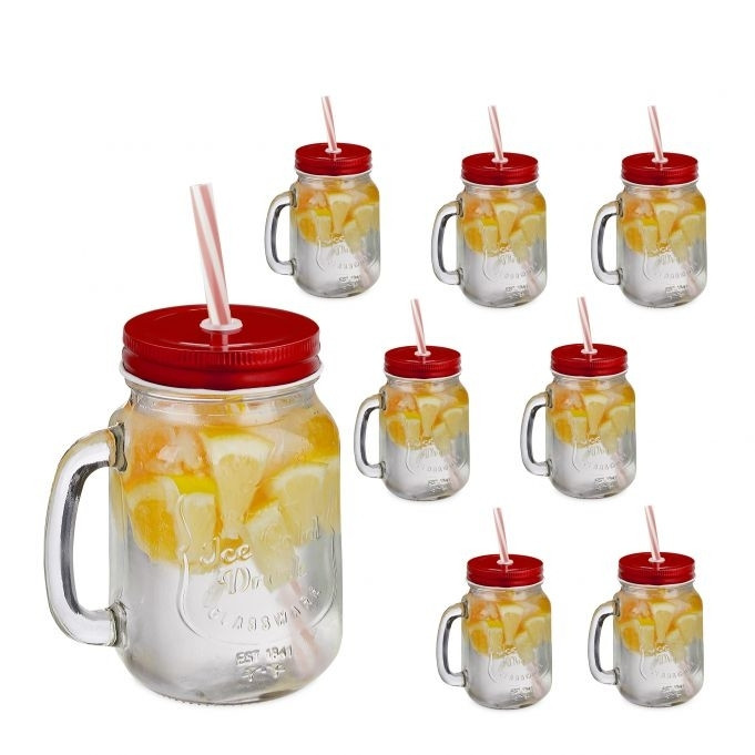 conjunto de 8 copos com tampas vermelhas