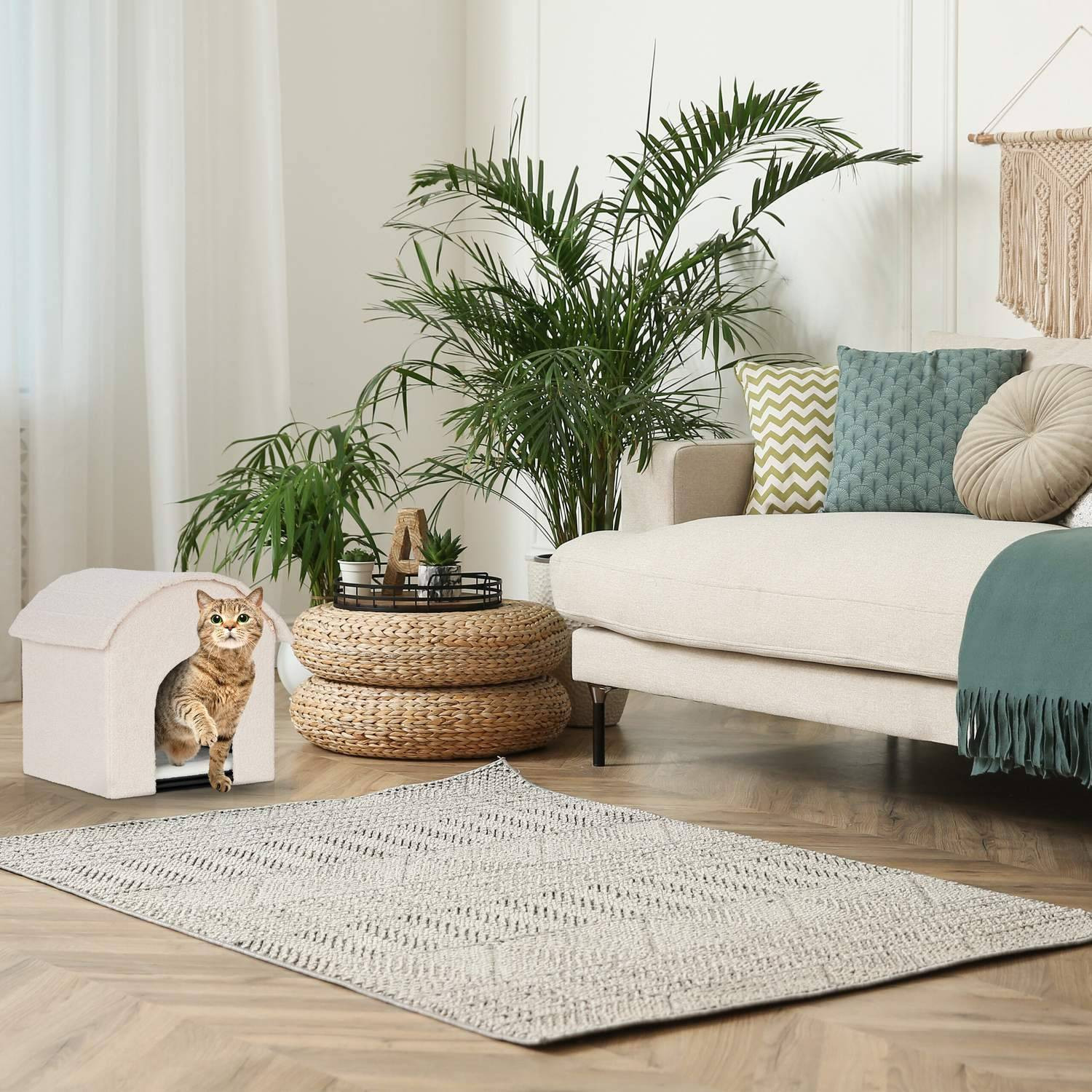 Beige cat pit with scratching surface