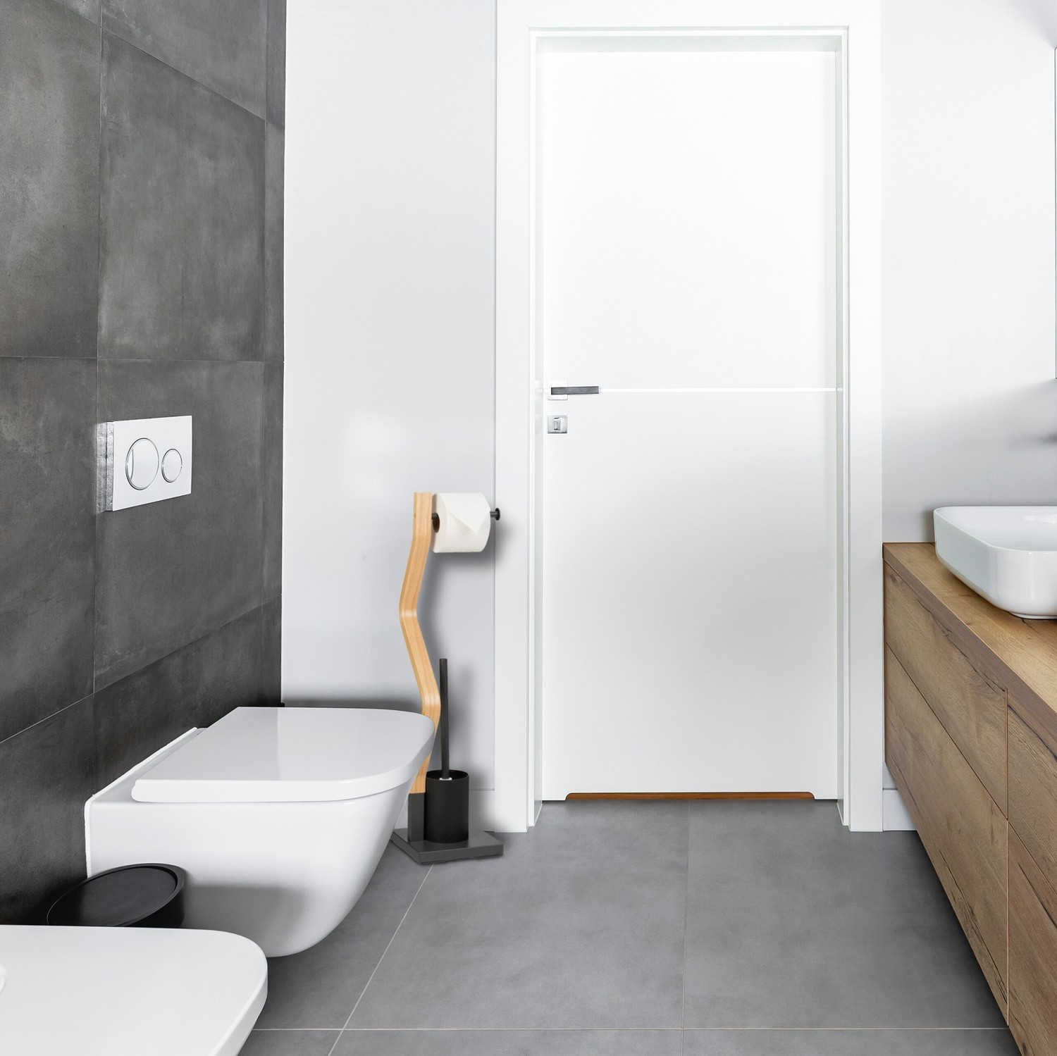 Silla de inodoro en gris y aspecto madera