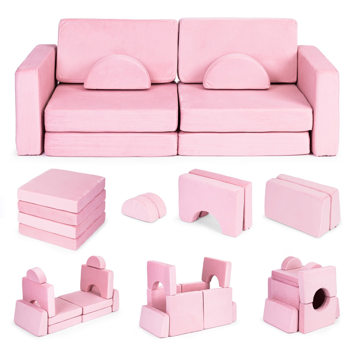 Gran sofá infantil modular plegable con 10 cojines.