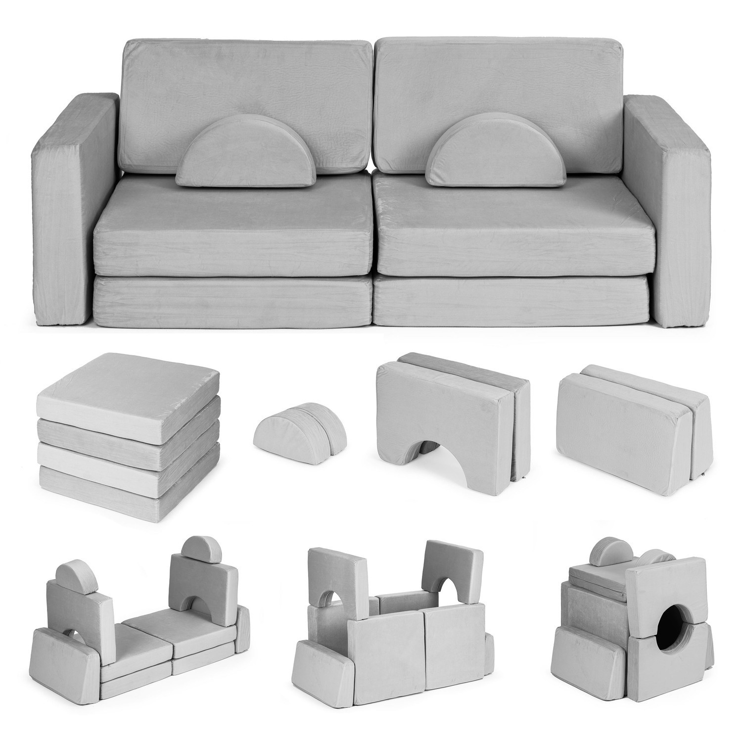 Gran sofá infantil modular plegable con cojines - gris