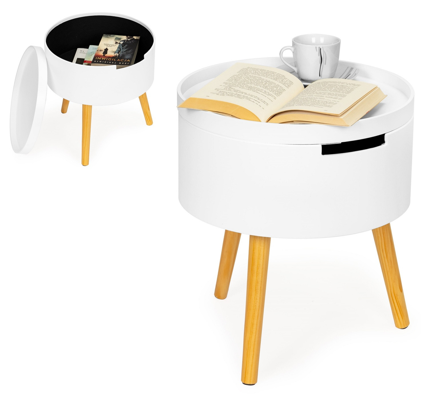 Round coffee table with storage and bedside table