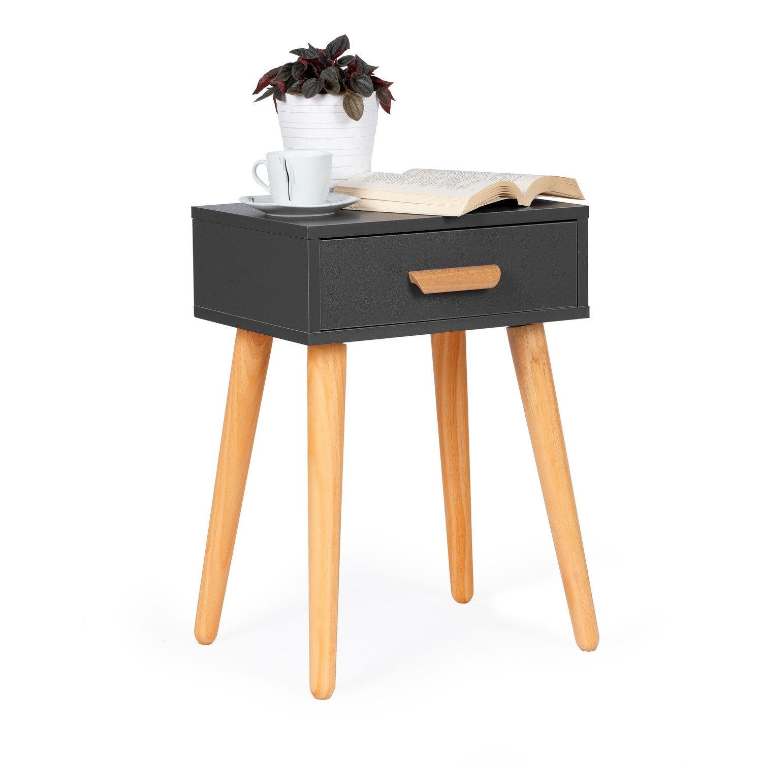 Compact white bedside table in pine with drawer