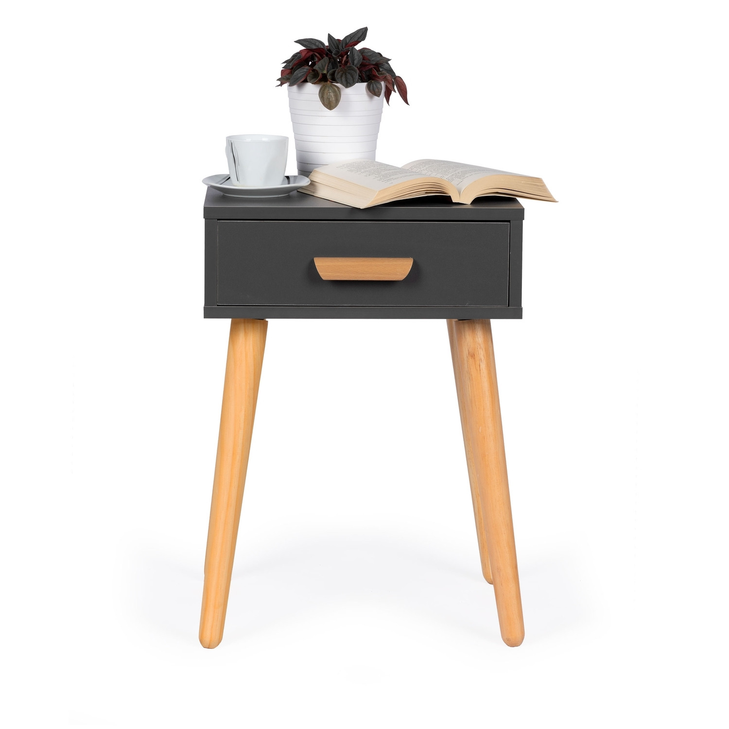 Compact white bedside table in pine with drawer