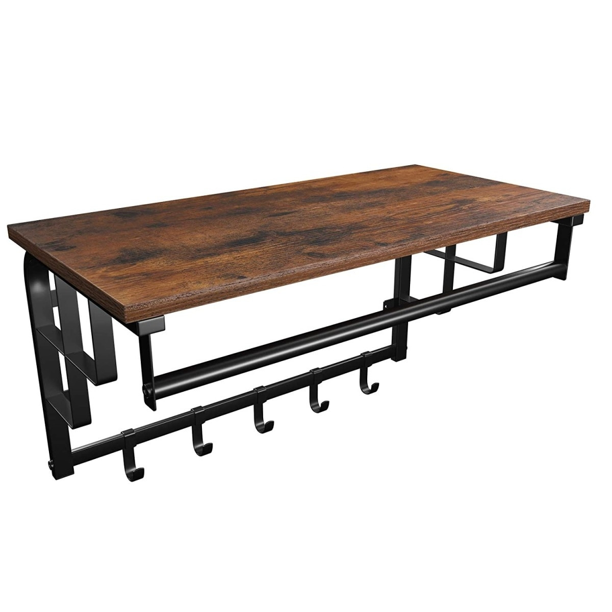 Rustic Hall Shelf with 5 Hooks and Metal Frame