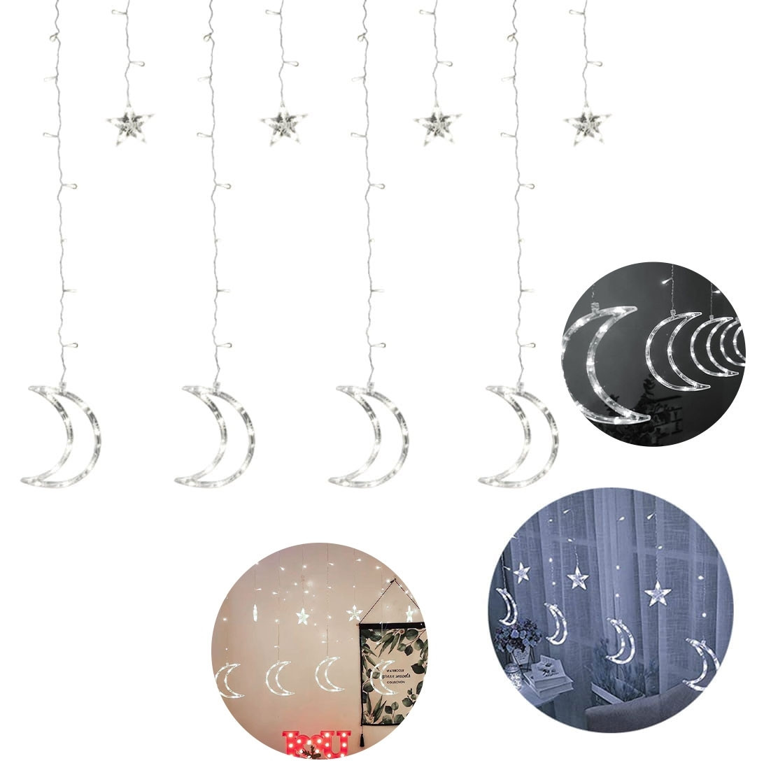 96 LED Light String, 4m, 8 Light Modes - Moons & Stars