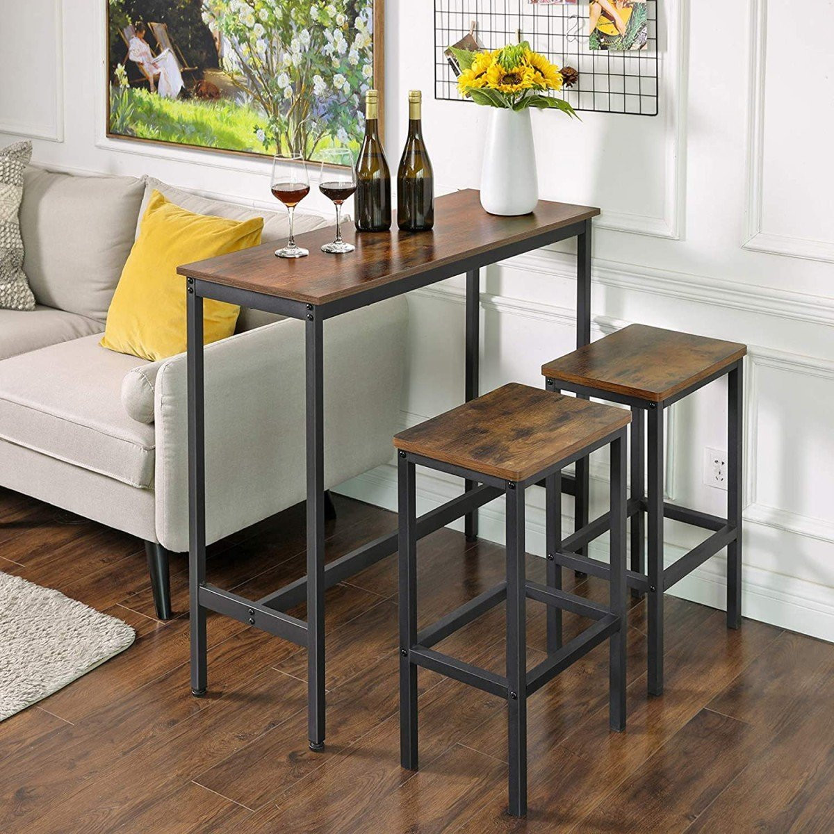 Rustic Bar Table with Stools, Steel Frame, For 4 Pers