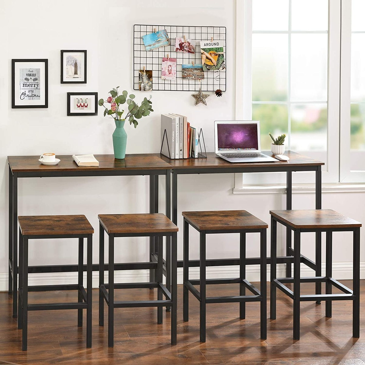 Rustic Bar Table with Stools, Steel Frame, For 4 Pers
