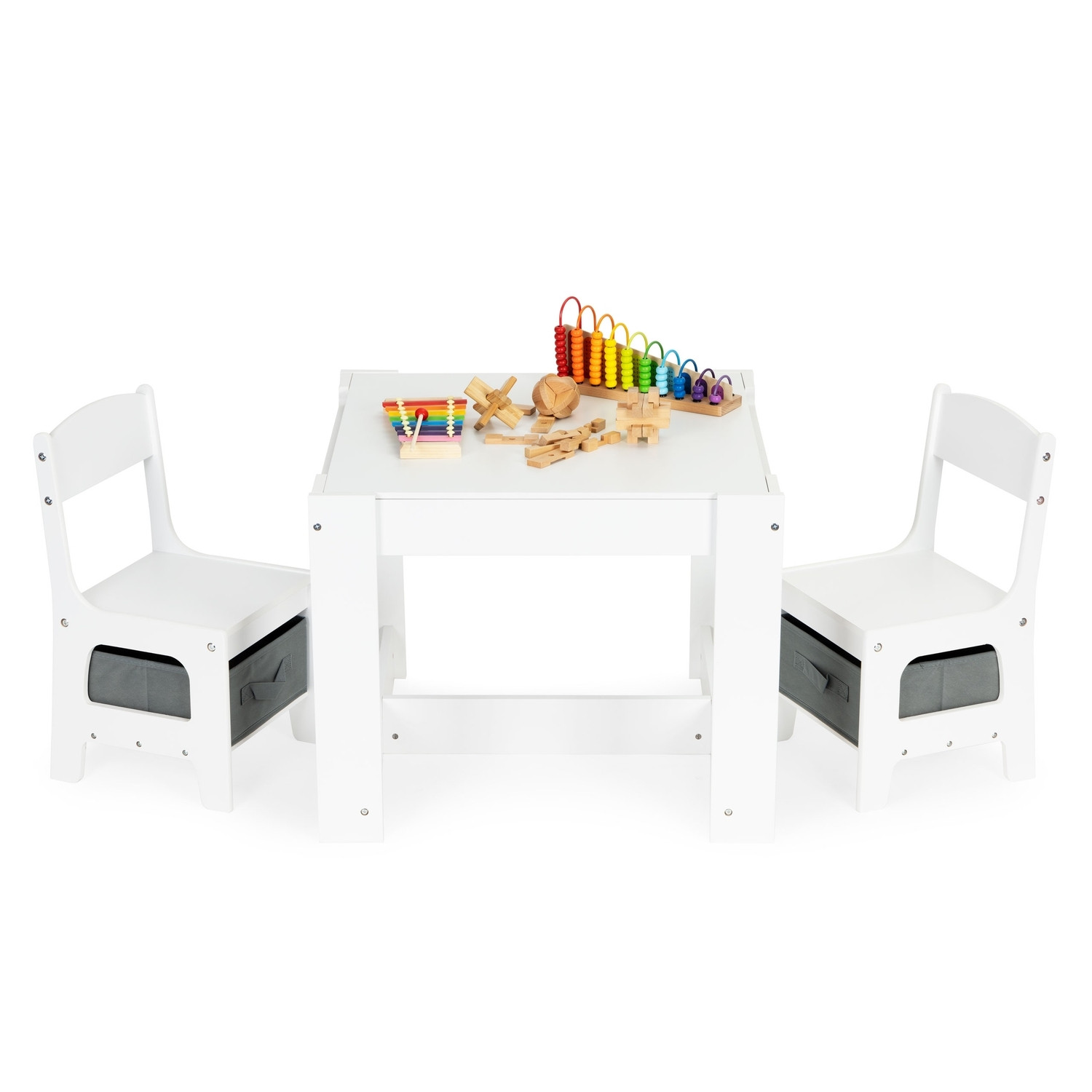 Mesa e cadeiras infantis com quadro negro e armazenamento