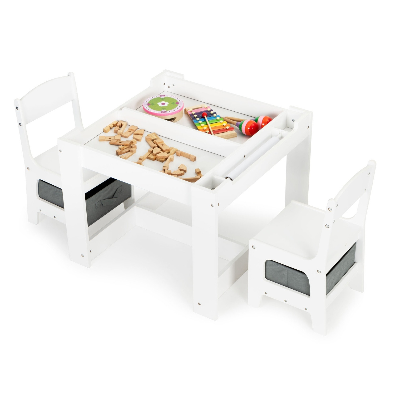 Mesa e cadeiras infantis com quadro negro e armazenamento