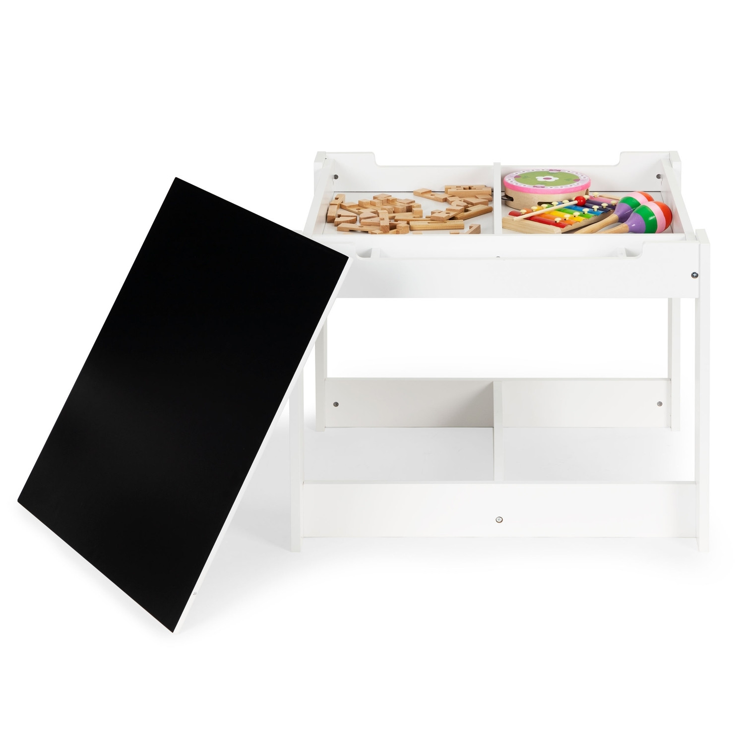 Mesa e cadeiras infantis com quadro negro e armazenamento