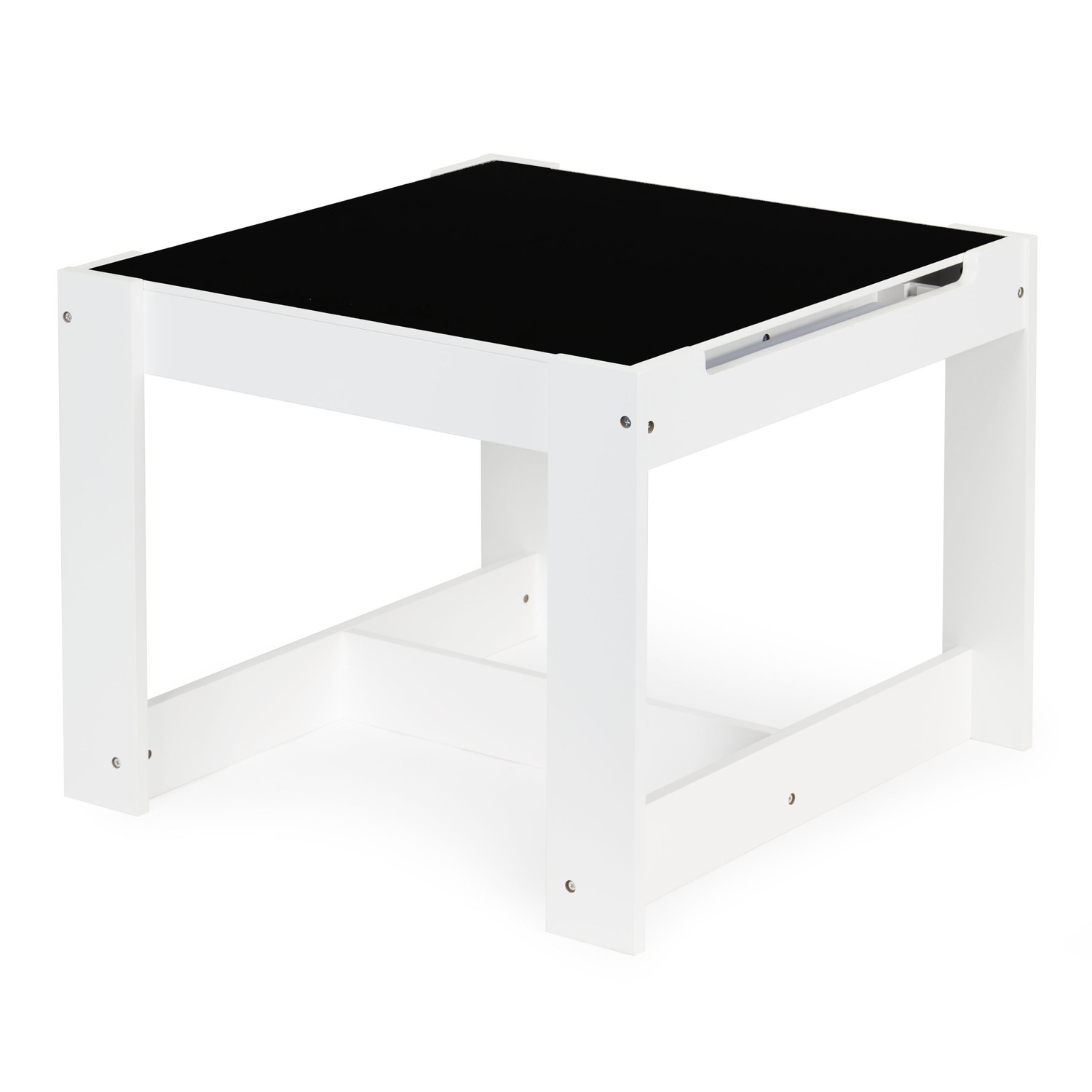 Mesa e cadeiras infantis com quadro negro e armazenamento