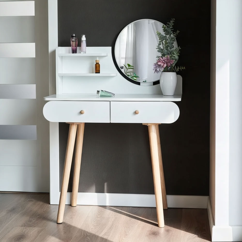 Dressing table with round mirror & storage