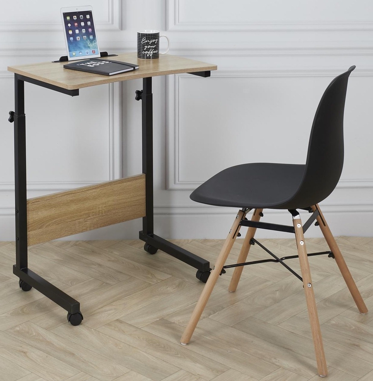 Raised and lowered table with wheels, MDF board