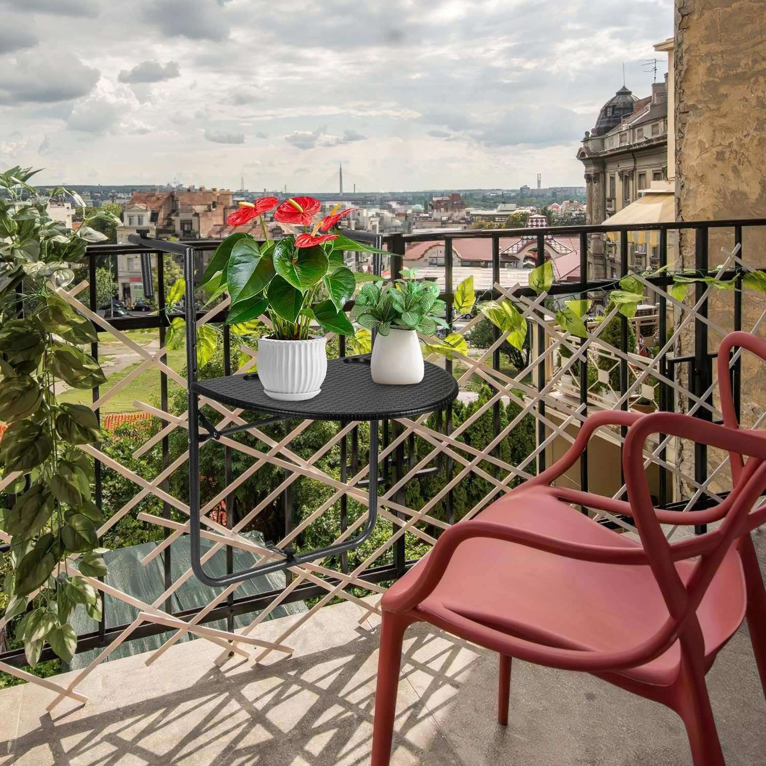 Folding Metal Balcony Table with Adjustable Height