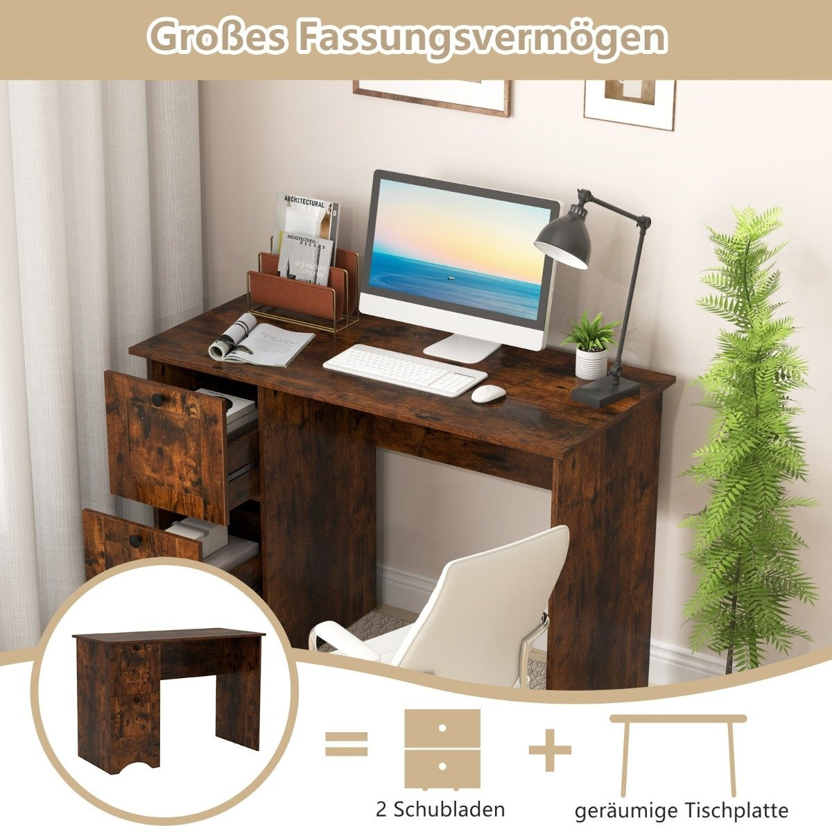Computer table with 2 drawers, desk, robust gaming table, dressing ...