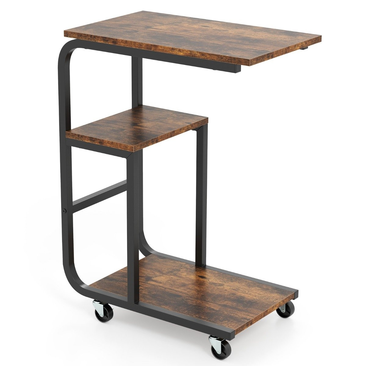 C-shaped side table with open shelves and lockable wheels. Space-sa...