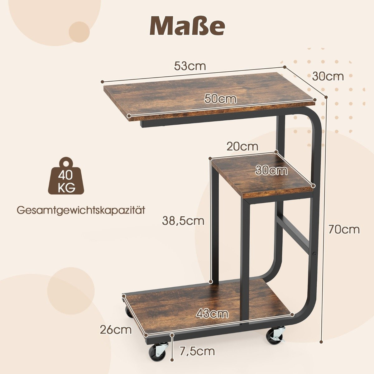 C-shaped side table with open shelves and lockable wheels. Space-sa...
