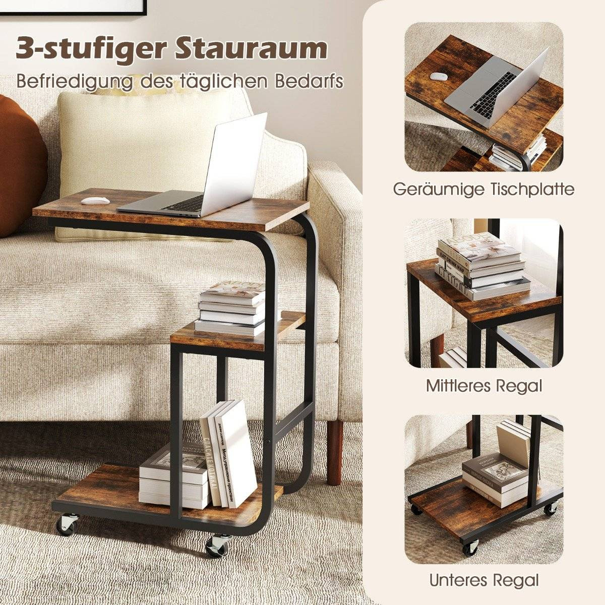 C-shaped side table with open shelves and lockable wheels. Space-sa...