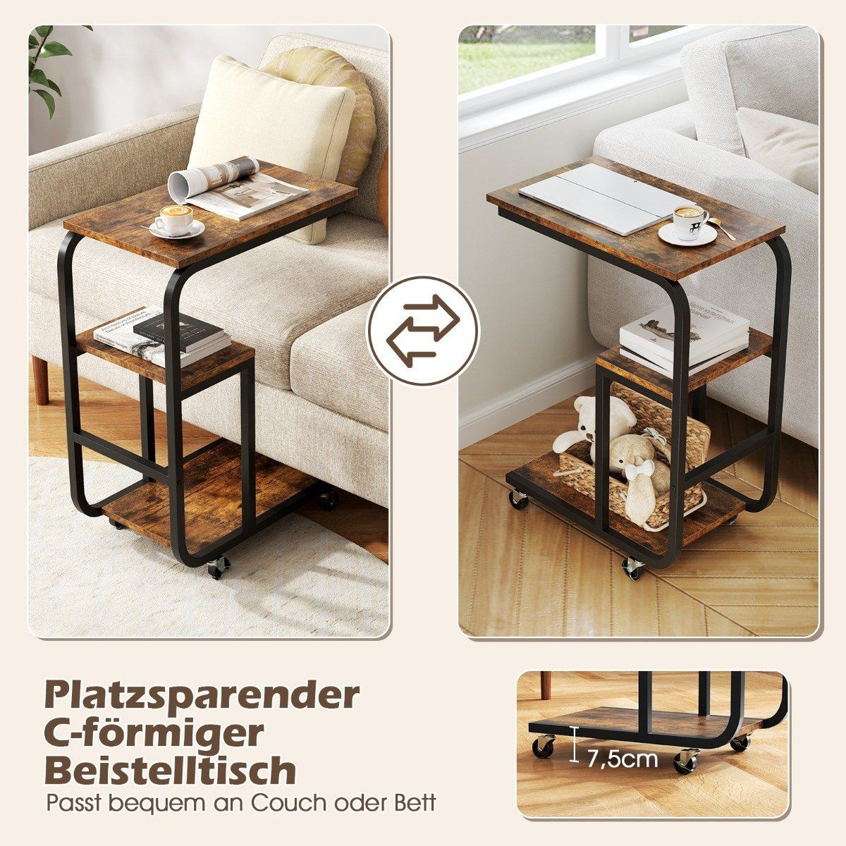 C-shaped side table with open shelves and lockable wheels. Space-sa...