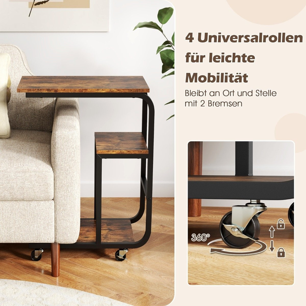 C-shaped side table with open shelves and lockable wheels. Space-sa...