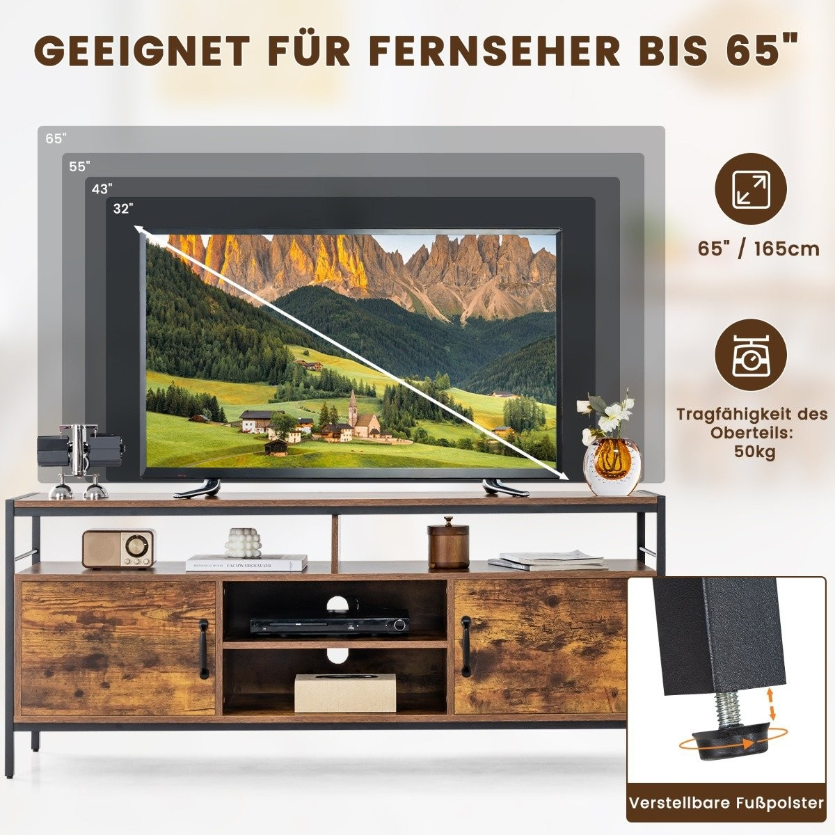 Armário de TV para TVs de até 65 polegadas com 2 portas e compartim...