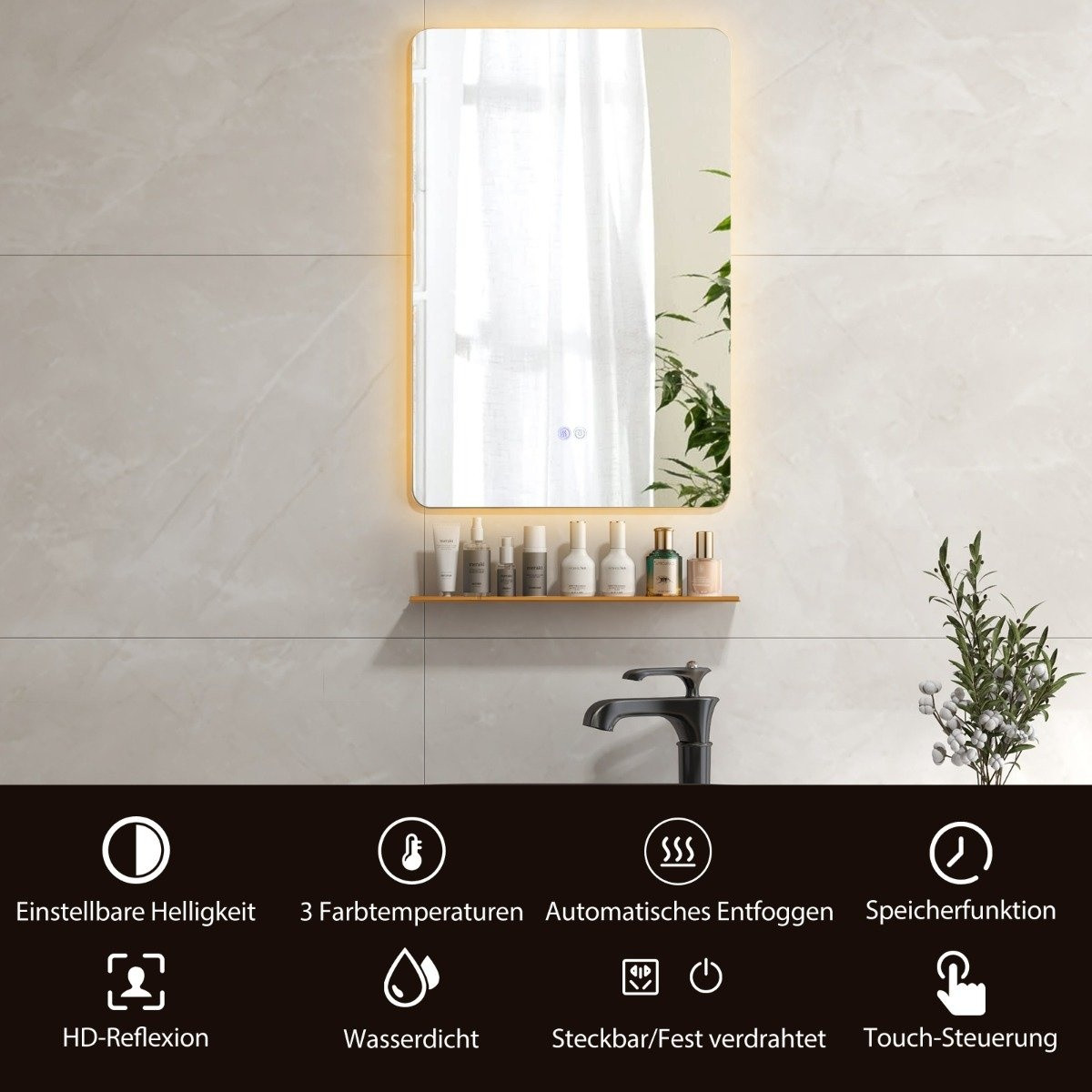 LED bathroom mirror with lighting & touch switch & memory function ...