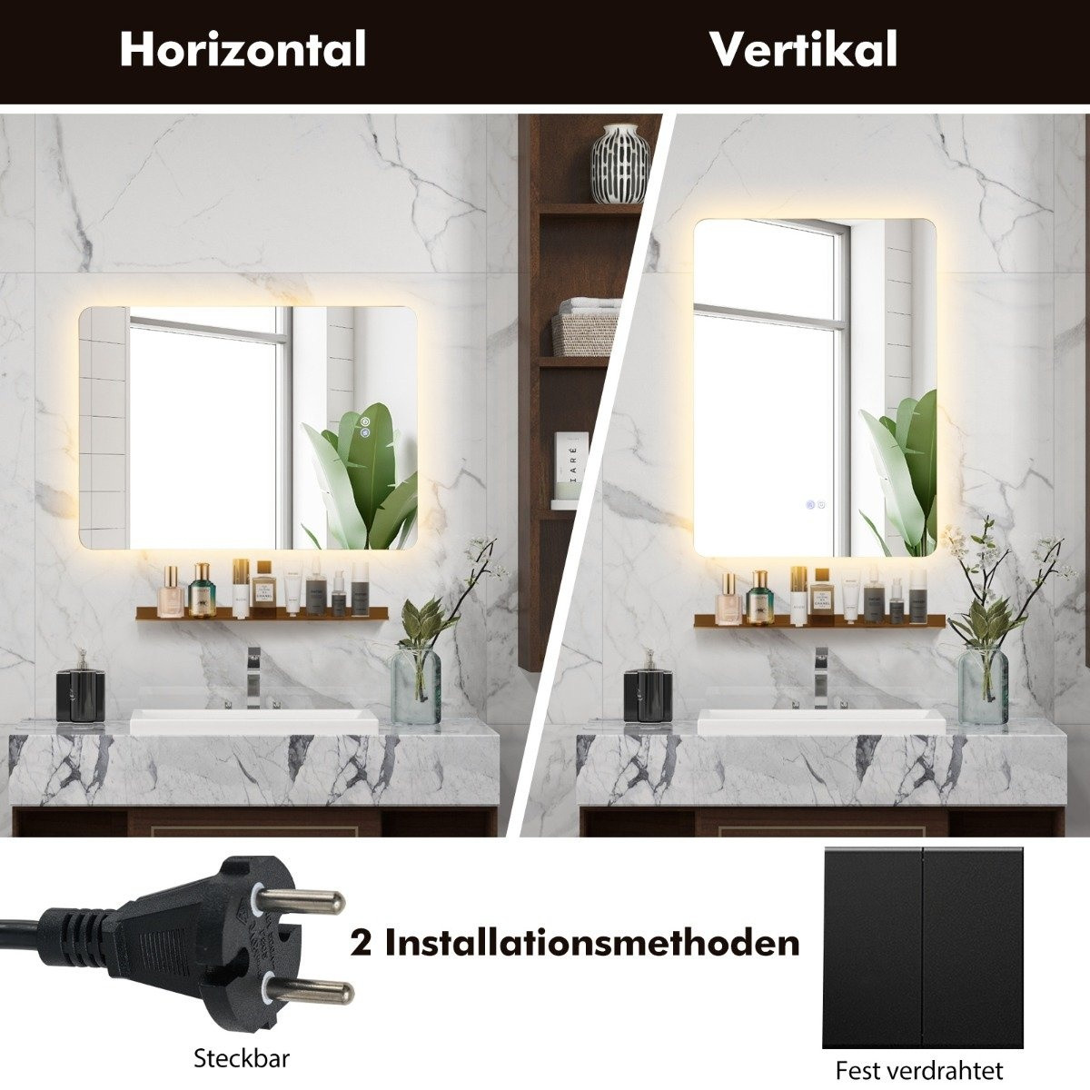 LED bathroom mirror with lighting & touch switch & memory function ...