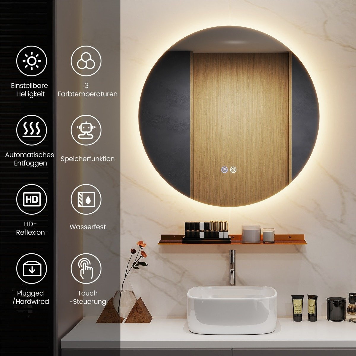 Ø60cm round bathroom mirror with lighting & touch switch & memory f...