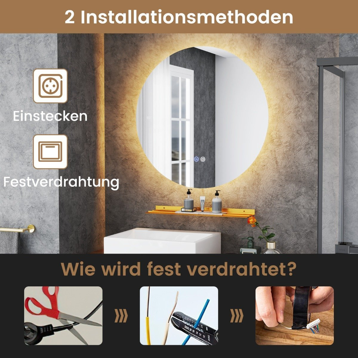 Ø60cm round bathroom mirror with lighting & touch switch & memory f...