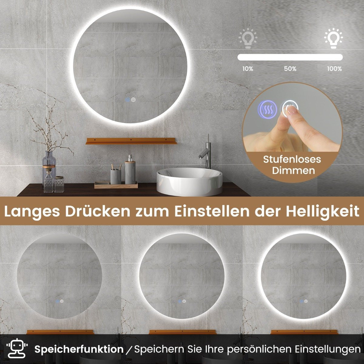 Ø60cm round bathroom mirror with lighting & touch switch & memory f...
