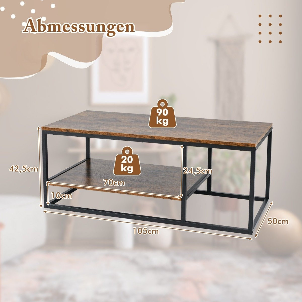 Industrial Coffee Table with Shelf & Metal Frame Rectangular Sofa T...