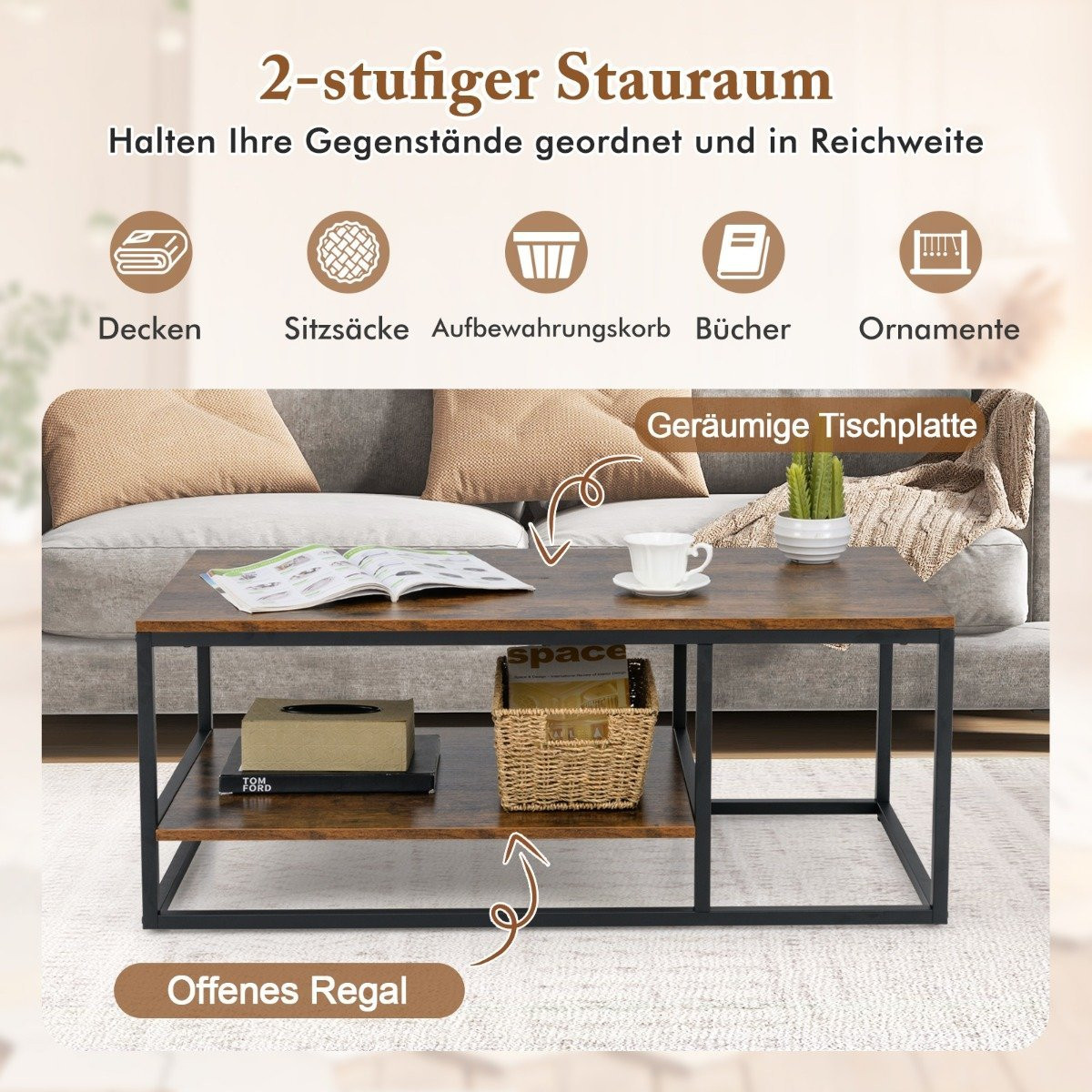 Industrial Coffee Table with Shelf & Metal Frame Rectangular Sofa T...