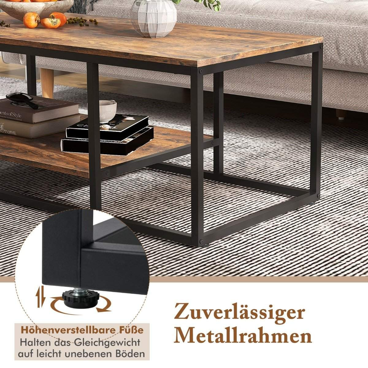 Industrial Coffee Table with Shelf & Metal Frame Rectangular Sofa T...