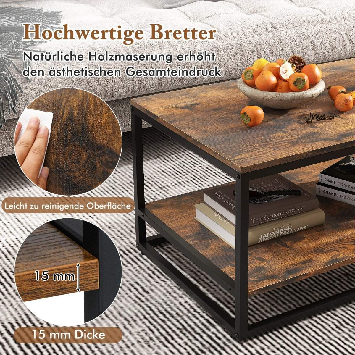 Industrial Coffee Table with Shelf & Metal Frame Rectangular Sofa T...