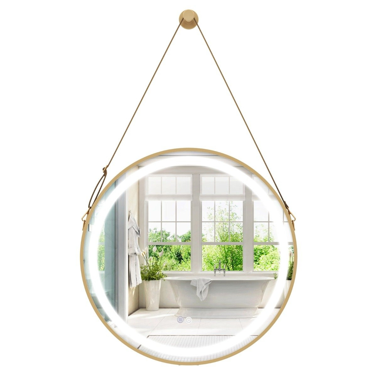Hanging bathroom mirror with hanging strap & 3-color LED light & me...