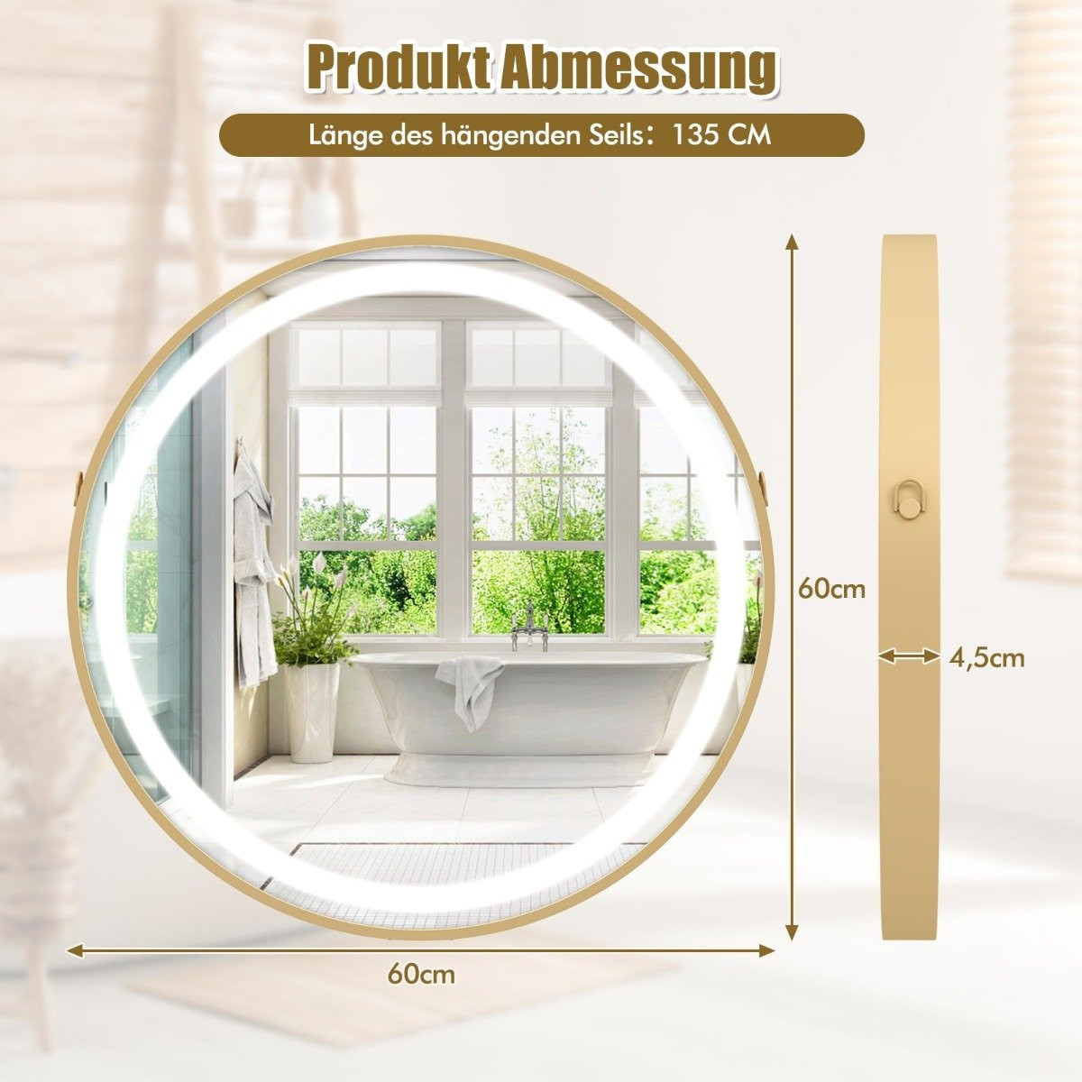 Hanging bathroom mirror with hanging strap & 3-color LED light & me...