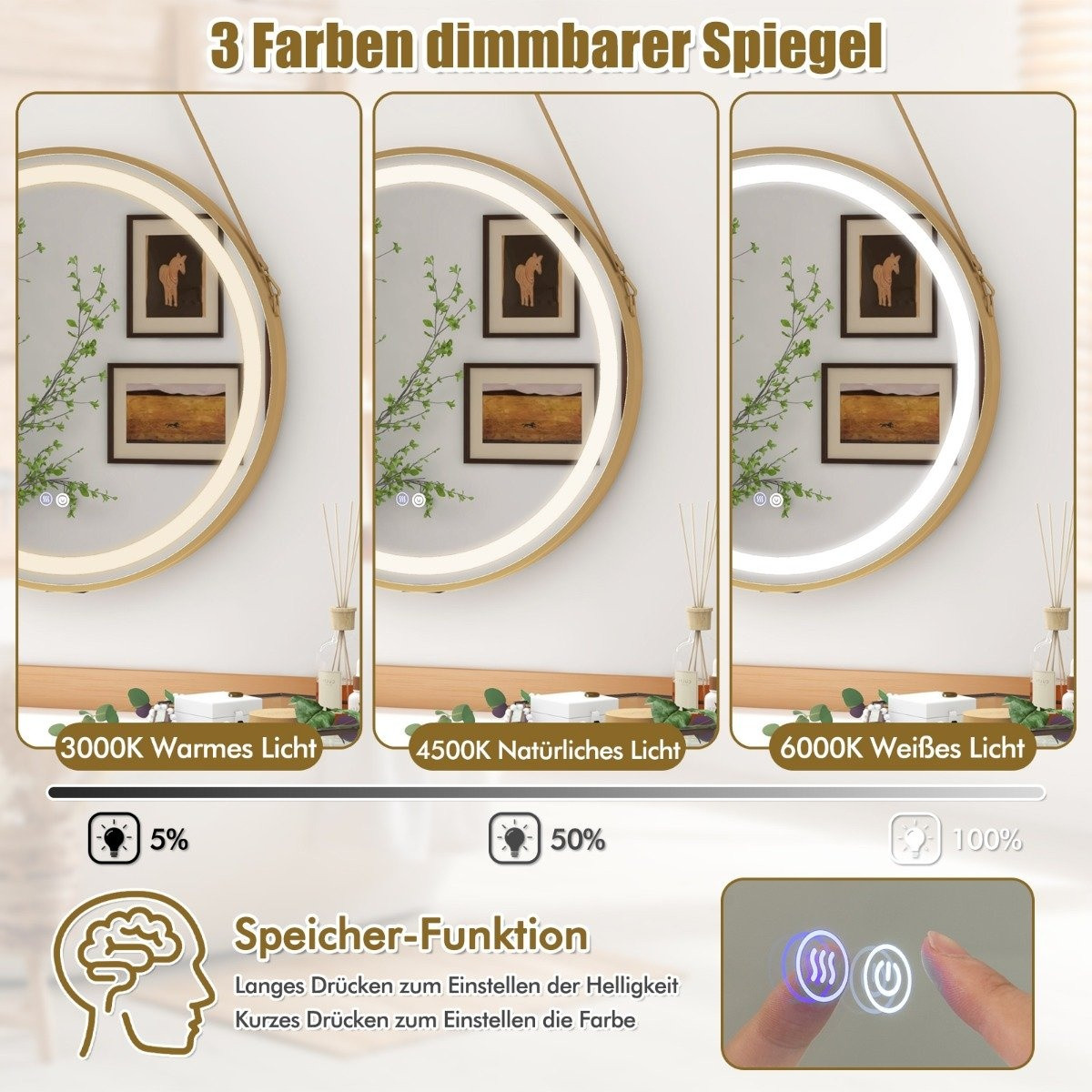 Hanging bathroom mirror with hanging strap & 3-color LED light & me...