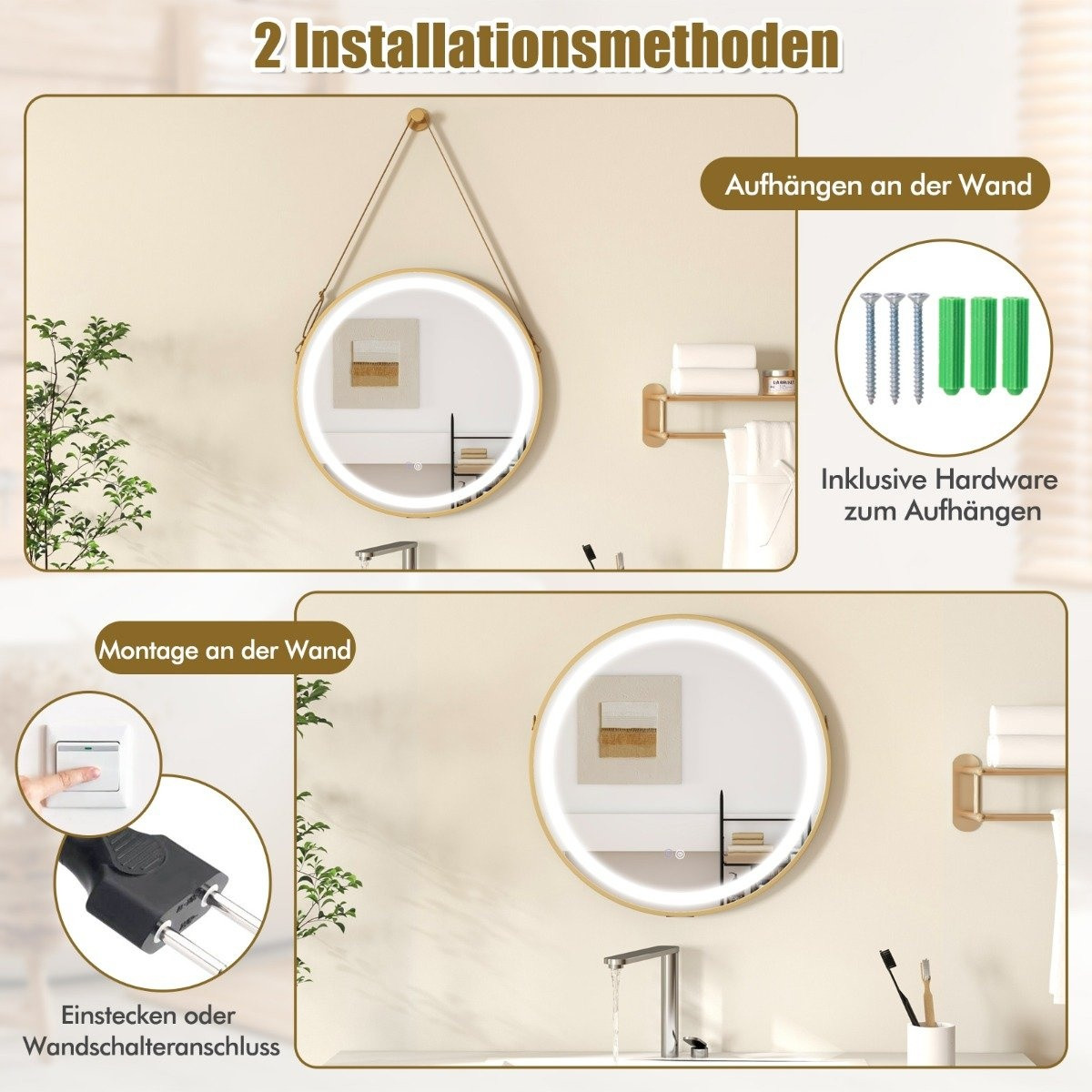 Hanging bathroom mirror with hanging strap & 3-color LED light & me...